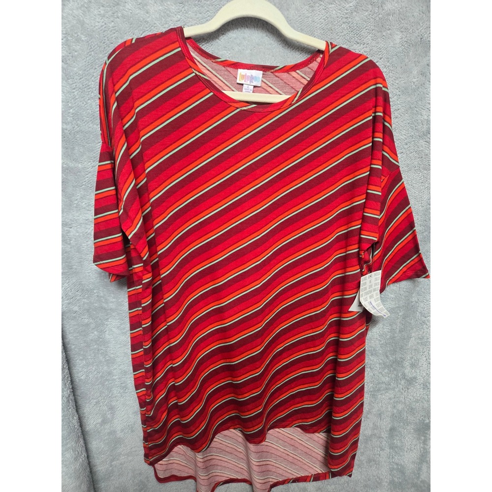 LuLaRoe Irma Tunic Top Red Orange Teal Diagonal Stripe High Low Short Sleeve L